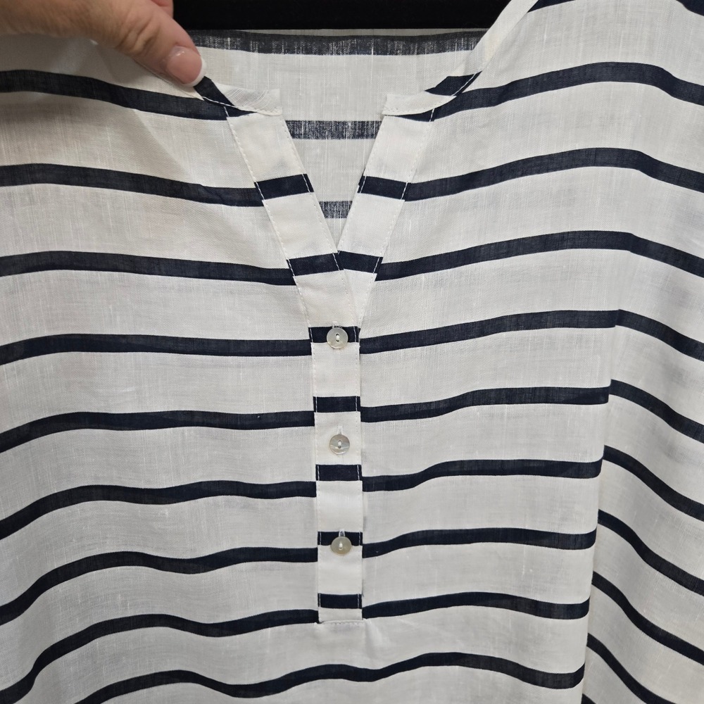 Linen Blend Stripe Shirt Top Women Large Coastal Grandma Nautical Split Neck Top - Picture 3 of 9